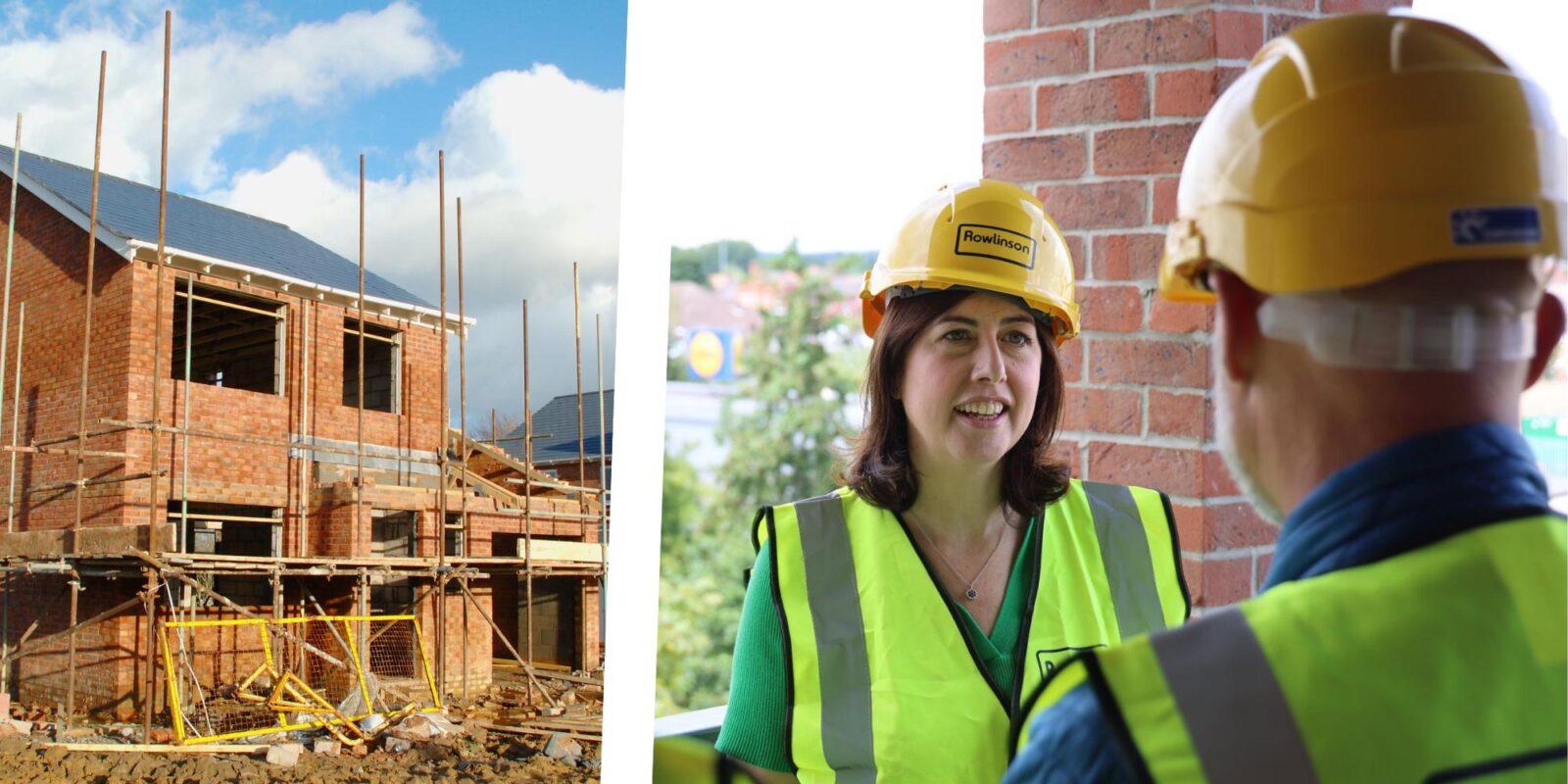 Right: New homes being built. Left: Lucy Powell MP at site of new social housing in Newton Heath, Manchester Central